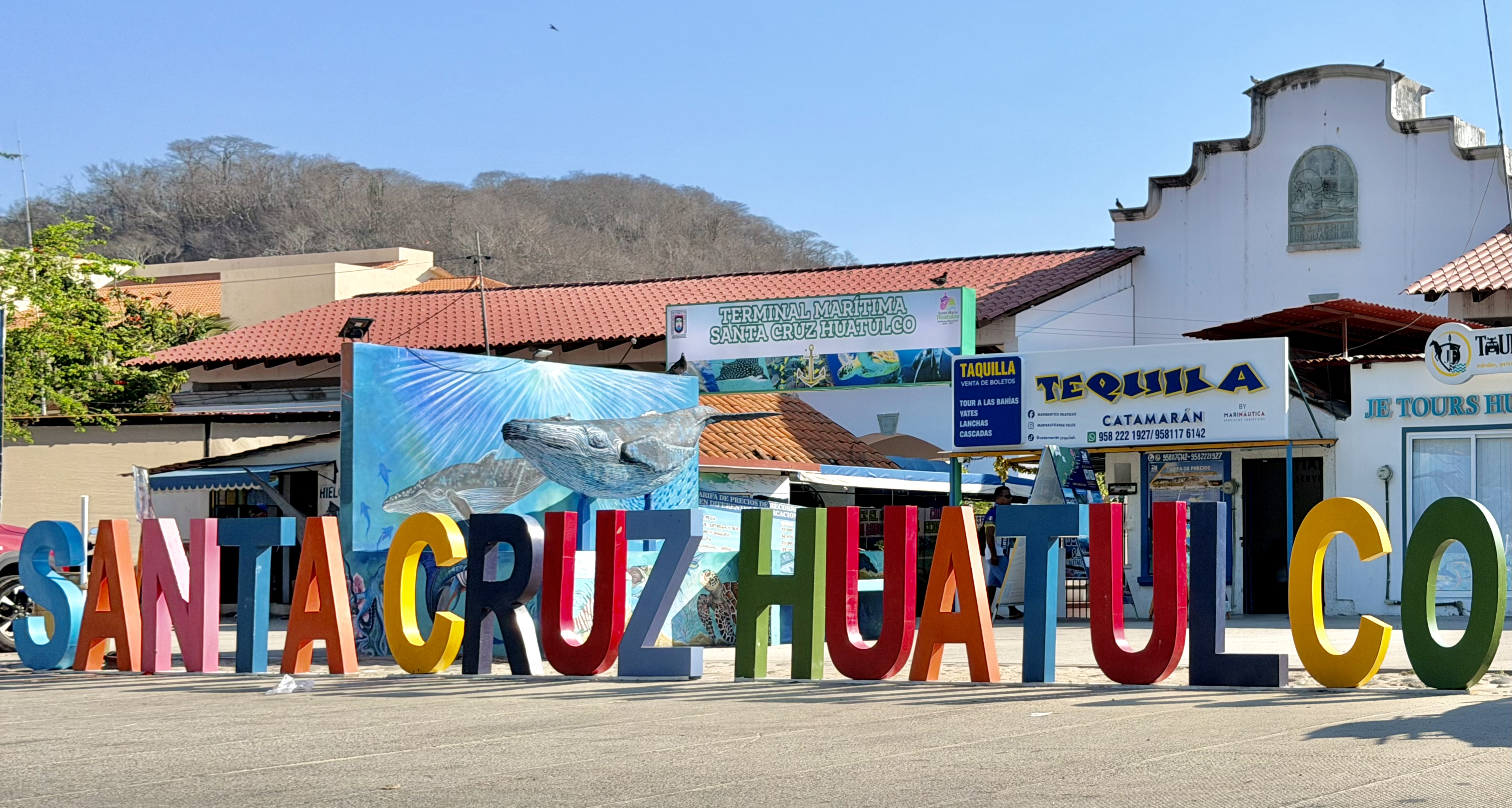 Santa Cruz Huatulco sign at the marina