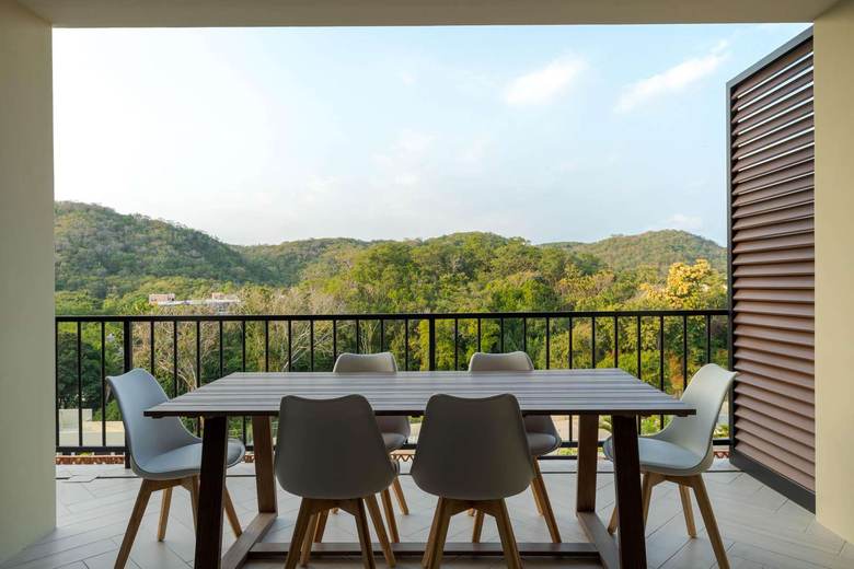 Private balcony — outdoor dining for 6 with Sierra Madre panorama