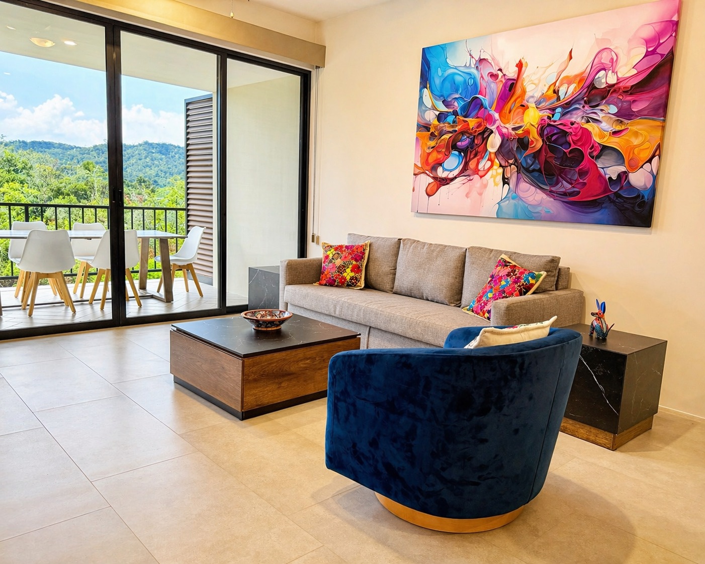 Sliding doors open to the balcony — mountain views with the splash-art canvas anchoring the room