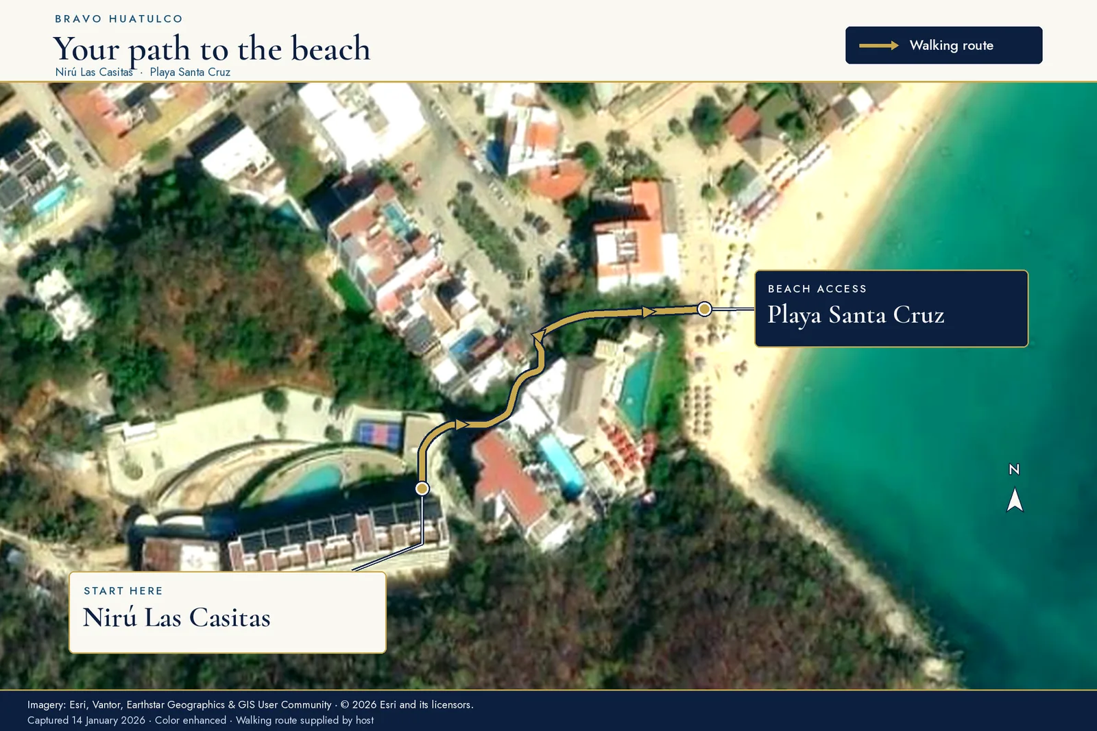 Private, gated walking route from Nirú Las Casitas to Playa Santa Cruz — about a two-minute walk
