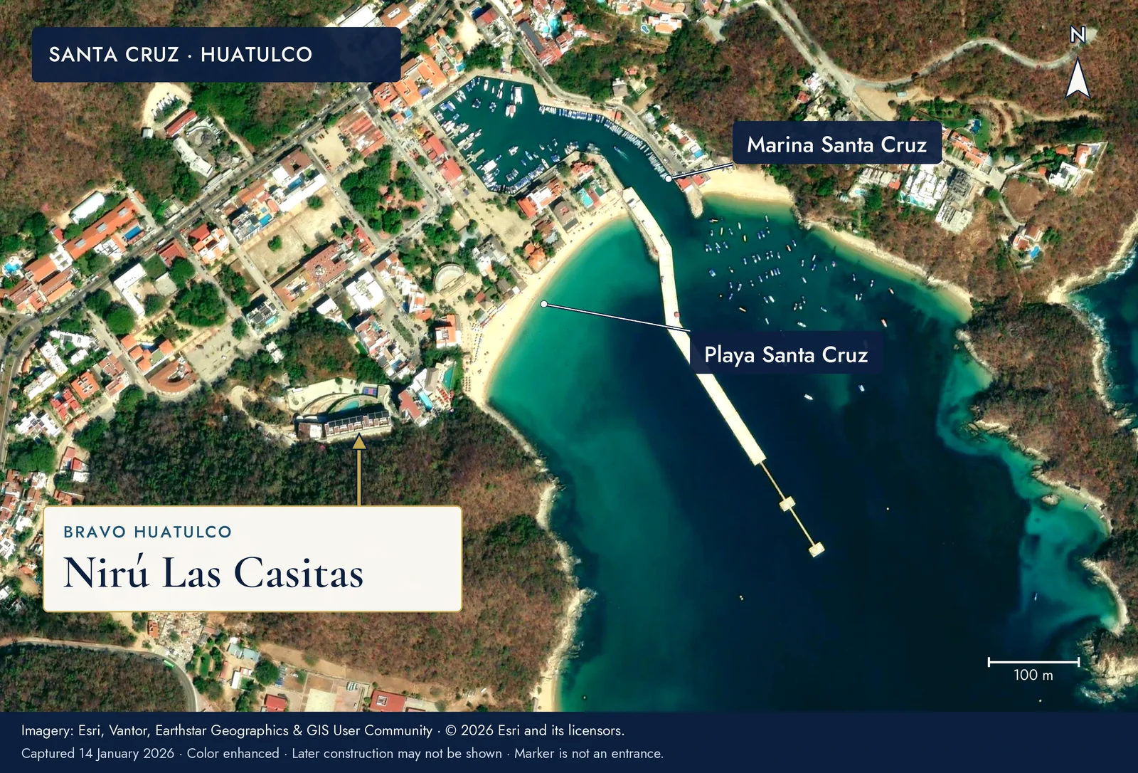 Satellite map of Santa Cruz, Huatulco showing Nirú Las Casitas beside Playa Santa Cruz and Marina Santa Cruz